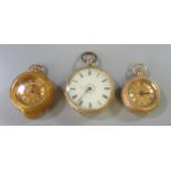 Small 18ct gold outer cased engine turned fancy key less fob watch, another similar with 18ct gold