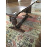 Early 20th century oak refectory type table on baluster turned carved logs and central stretcher. (