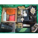 Tray of assorted items including: smoking ephemera, gun cleaning items, military insignia, smoking