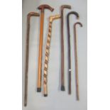 Bundle of six walking sticks to include; spirally turned and a stick with a salmon shaped handle. (