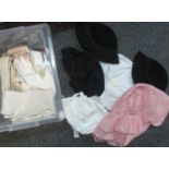 Box containing various antique fashion accessories to include; suede gloves, cotton bonnets, knitted