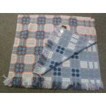 Vintage Welsh woollen tapestry pale blue ground blanket with fringed edges and 'Made in Wales, a