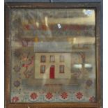 19th century child's sampler entitled 'The Lord Is My Shepherd' with house, alphabet, birds and