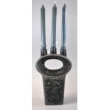 Unusual art pottery black ground flask shaped candle holder with moulded lion mask mounts. 31cm high