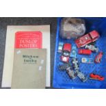Box comprising vintage play worn diecast vehicles, together with a vintage purse with coins, Kodak