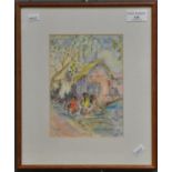 Bim Giardelli, untitled study of seated children and outbuilding with trees. Watercolours. Signed '