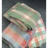 Box containing three check vintage woollen blankets or carthen, one with a 'Derw Product Welsh