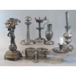 Collection of mainly 19th century pewter: candlesticks, chamber sticks etc. together with a pewter