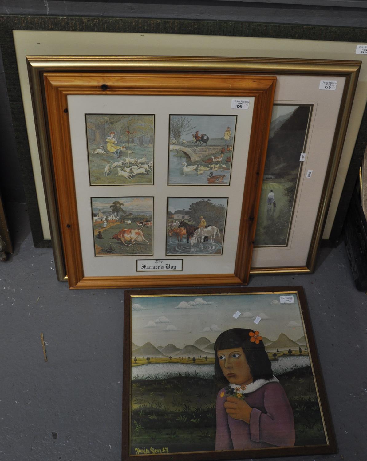 Collection of furnishing prints, to include: portrait of a girl, the farmer's boy, golf scene etc.