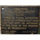 Cast iron Railway Warning sign, 'Carmarthen Rural District Council, Spilman St Carmarthen'.