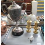 Tray of metalware, to include a 'Walker & Hall' plated trophy cup marked 'Wincobank Rolling Mills