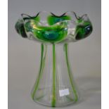 Art Nouveau green and clear glass Loetz style vase with tapering base, standing 18cm high approx.