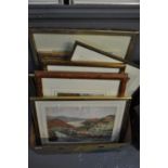 One box of assorted watercolours, to include: street scenes, coastal and countryside scenes etc. All