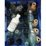 Box of glass and stoneware bottles, some named: 'W. Joseph, Superior Ginger Beer, Tenby', 'George