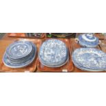 Three trays of blue and white china to include; various meat plates and other plates; Colandine