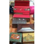Collection of small boxes: travelling dressing table case with red velvet interior, three glass