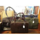 Three vintage bags; one crocodile skin, one leather in faux alligator design with suede lining and a