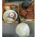 Two boxes of assorted items, to include: a set of three brown enamel 'Judge' ware pots, a tin