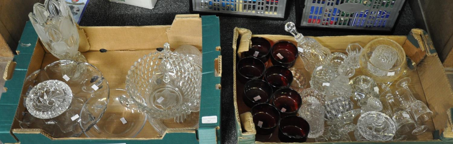 Two boxes of glassware to include: cranberry glass pedestal dessert bowls, Silver Jubilee bell,