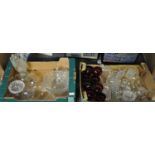 Two boxes of glassware to include: cranberry glass pedestal dessert bowls, Silver Jubilee bell,