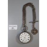 Silver J W Benson open face silver pocket watch with silver double Albert watch chain and silver