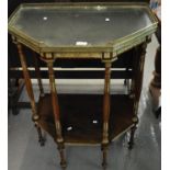 Louis XVI style walnut gilded side table of hexagonal form with under tier, standing on turned legs.