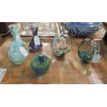 Tray of glassware to include: Caithness glass vases, Mdina paperweight and two glass baskets (one