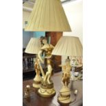 Large table lamp, probably painted spelter of a classical figure with harp on naturalistic base with