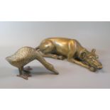 Brass study of a recumbent lurcher dog, impressed marks to the under side P. Sinnian. Together