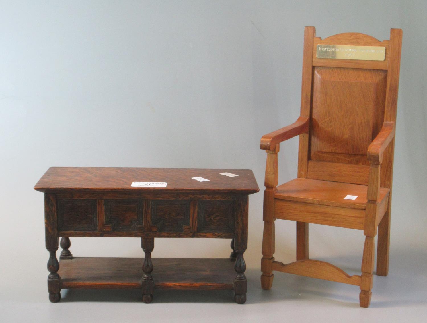 Miniature oak Eisteddfod chair, the plaque marked 1987 Abergorlech, together with another