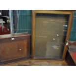 Small stained pine hanging blind panelled cabinet together with another mahogany glazed wall
