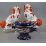 Pair of Staffordshire style fireside seated spaniels, together with a reproduction ironstone Imari