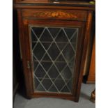 19th century rosewood inlaid music cabinet, the single lead glazed door revealing fitted shelves,
