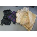 Box of textiles to include: three vintage check woollen blankets; one with 'All Wool made in
