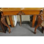 Victorian oak console table, the molded shaped top above two drawers standing on ornate carved