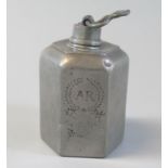 Unusual pewter octagonal lidded flask, screw top and loop handle dated 1794 initial 'A R'. (B.P. 21%