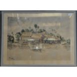 T. Inargon, Chinese rural scene with buildings, figures and boat, dated 1963. Watercolours.