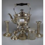 Collection of silver and silver plate, to include: silver plated spirit kettle on stand, pierced