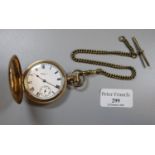 Gold plated Waltham full hunter pocket watch with gold plated chain. (B.P. 21% + VAT)