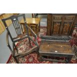 Edwardian stained carver chair with serpentine front, missing its seat, together with a 17th century