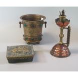 Bronzed two handled mortar surrounded by cabochon coloured stones, together with a lidded box of