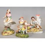 Three Staffordshire figures/spill vase group to include: boy with dog, witch riding a goose and