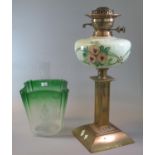 Early 20th Century green glass and frosted shade, green opaline glass reservoir standing on a