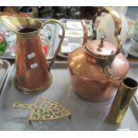 Box of metalware, to include: Arts and Crafts style ewer with copper body and brass trim and handle,