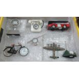 Collection of miniature novelty clocks by W.M Widdop to include: bicycle, telephone, red bus,