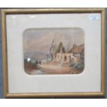 M.E. Feltham?, Victorian watercolour of a windy winter's day with figures and church ruins.