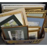 Box of assorted furnishing pictures, to include: coloured etchings, watercolours of children playing