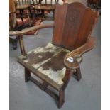 20th century stained curve back open armchair with armorial crest. (B.P. 21% + VAT)