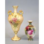 Royal Worcester 2426 blush ivory two handled vase, hand painted with floral sprays and foliage. 24cm