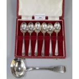 Cased set of six silver Art Deco design reeded edge coffee spoons, together with a George III '